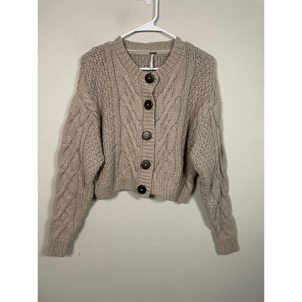 Free People Bonfire Cable Knit Cardigan In Beige Size Medium Fall Fisherman Knit